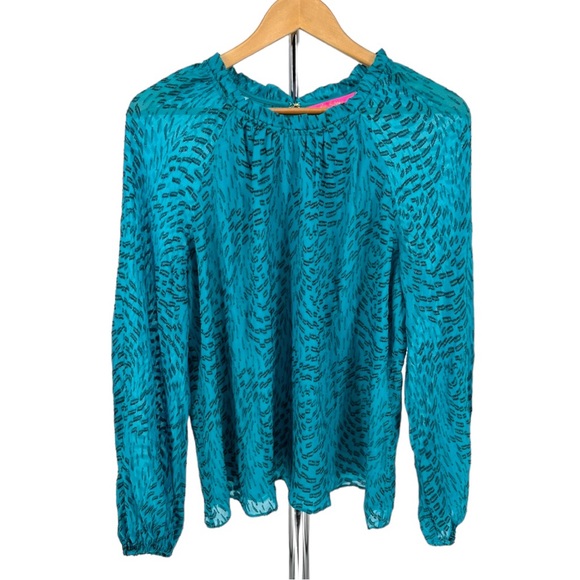Lilly Pulitzer Caline Silk Top in Teal Clip Long Sleeve size Large NWT - Picture 4 of 14